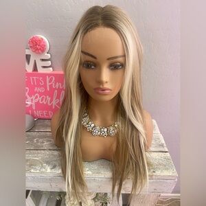 Smilco Blonde Highlight Long Straight Women’s Wig with Natural Roots synthetic